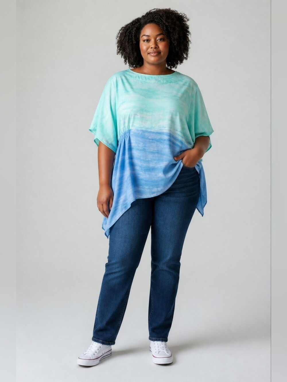 IC Collection Aqua-to-Blue Ombre Asymetrical Flow Top Size 1X - Picture 12 of 12
